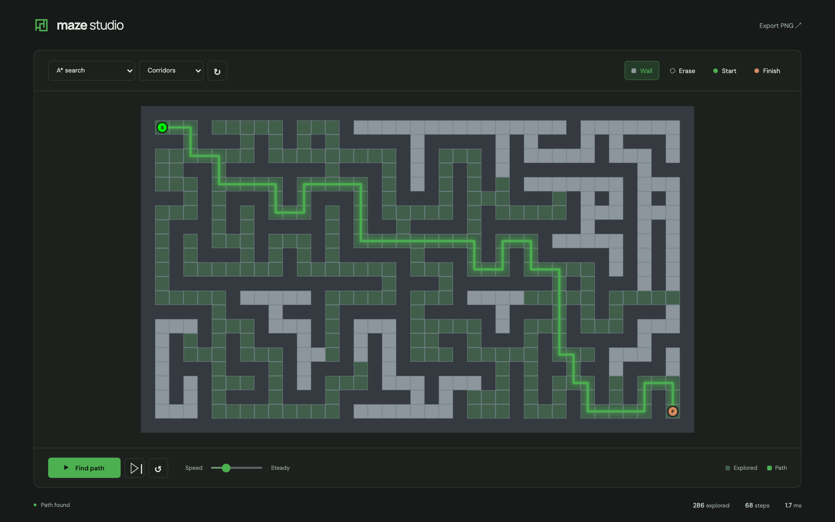 Maze Studio editor showing a solved maze, algorithm controls, and search statistics
