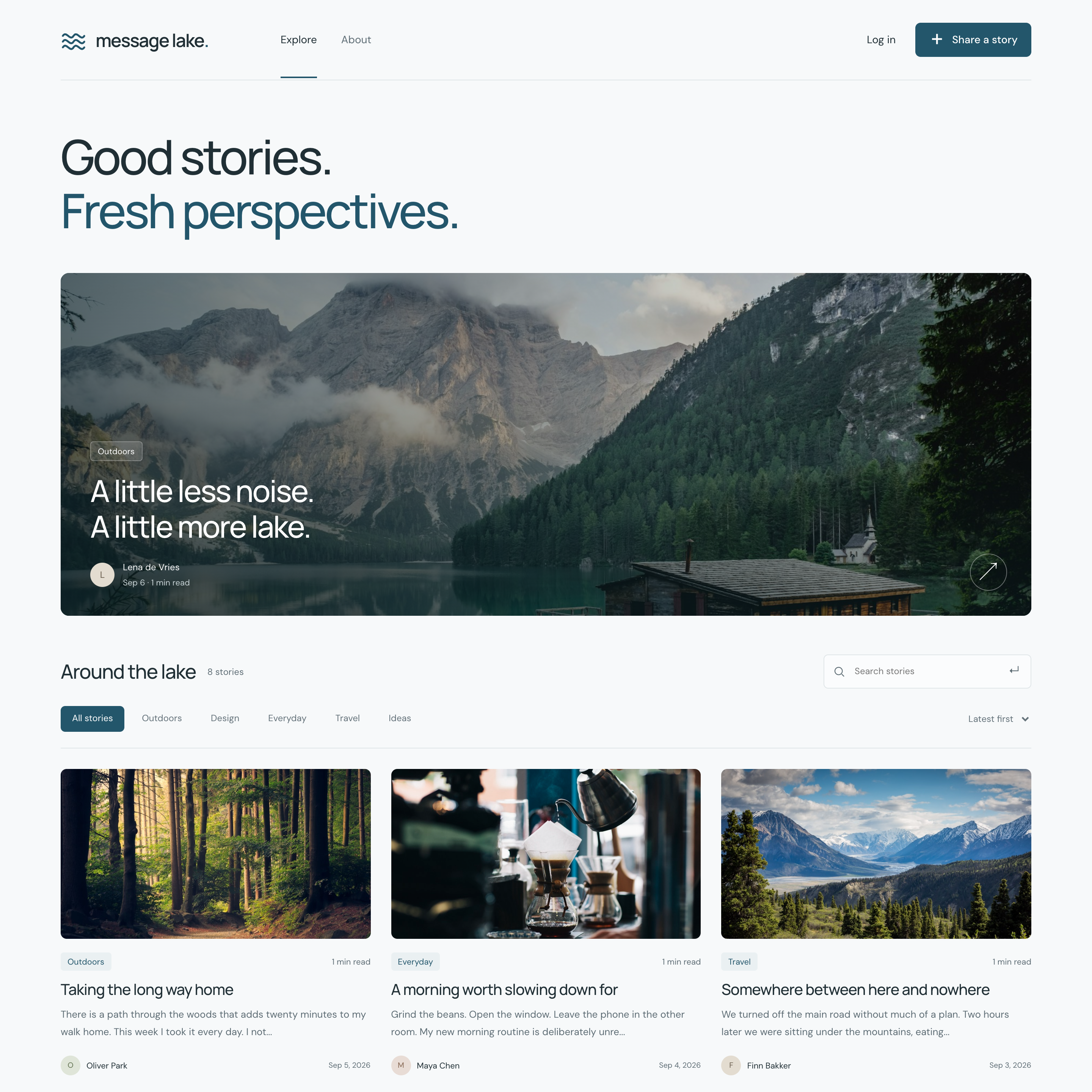 Message Lake homepage with a featured lake story, topic filters, and a grid of stories