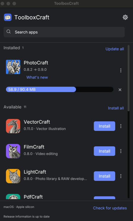 ToolboxCraft on macOS downloading a PhotoCraft update, with VectorCraft, FilmCraft, and LightCraft available to install