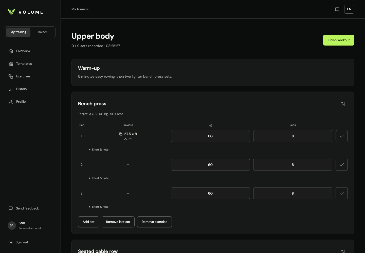 VOLUME workout logger showing bench press targets, previous results, and weight and rep inputs